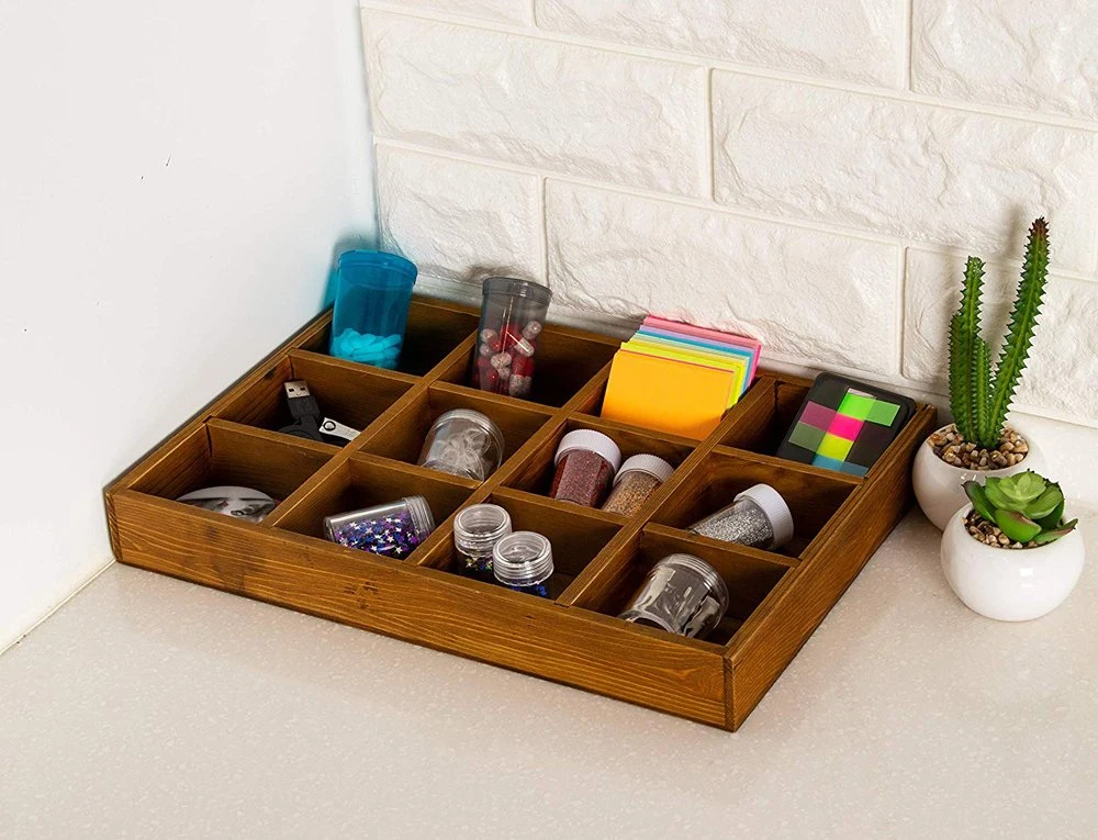 Wooden/Wood Multi-Grid Box/Tray with Dividers for Jewelry/Tea Bag/Souvenir/USB Cable/Drug Storage